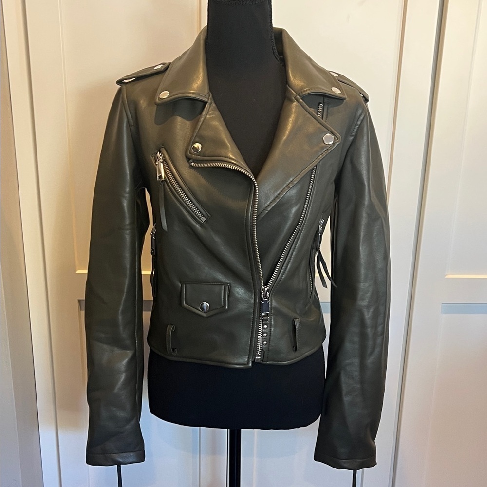 REBECCA MINKOFF Rebecca Minkoff Dark Green Vegan Leather Moto Jacket Size XS